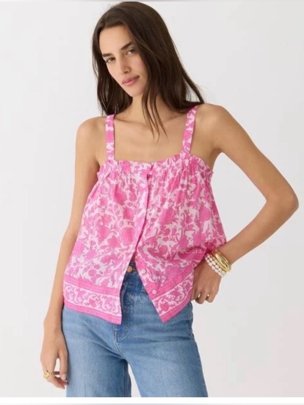 J.Crew Pink Floral Tank Top Button Front Adjustable Straps Cotton Blend Size S